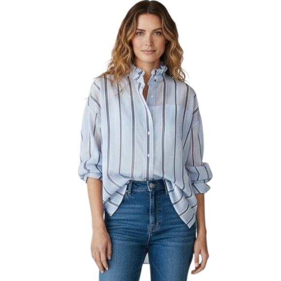 Reiss Avera NWOT Semi-Sheer Metallic Striped Blue Button Down Shirt-size 8 - Picture 13 of 13